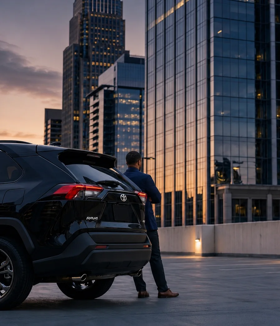 A Prince Auto Group Toyota RAV4 at dusk on a Charlotte rooftop